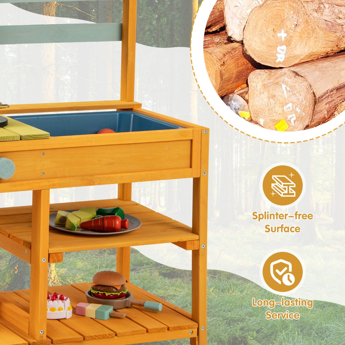 LIVSK Houten Modderkeuken voor Kinderen - Veilig Sparrenhout - Twee Fornuizen - Speelgootsteen - 75 x 36 x 92 cm - Veelkleurig