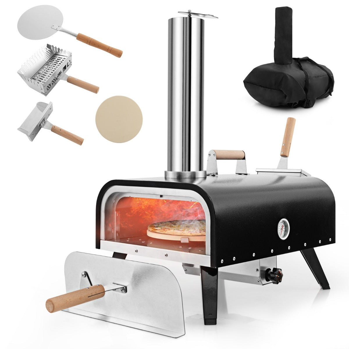 LIVSK Handmatig Draaibare Buiten Pizzaoven - 30 cm Pizzasteen - Drielaagse Constructie - Draagbaar met Beschermhoes - Zwart +