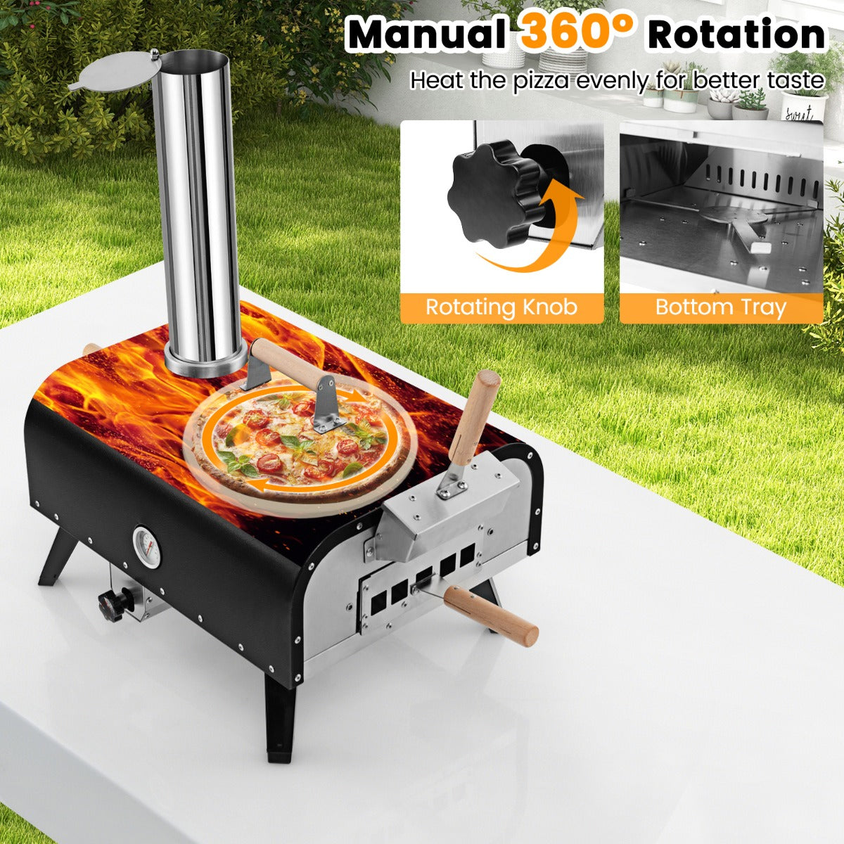 LIVSK Handmatig Draaibare Buiten Pizzaoven - 30 cm Pizzasteen - Drielaagse Constructie - Draagbaar met Beschermhoes - Zwart +