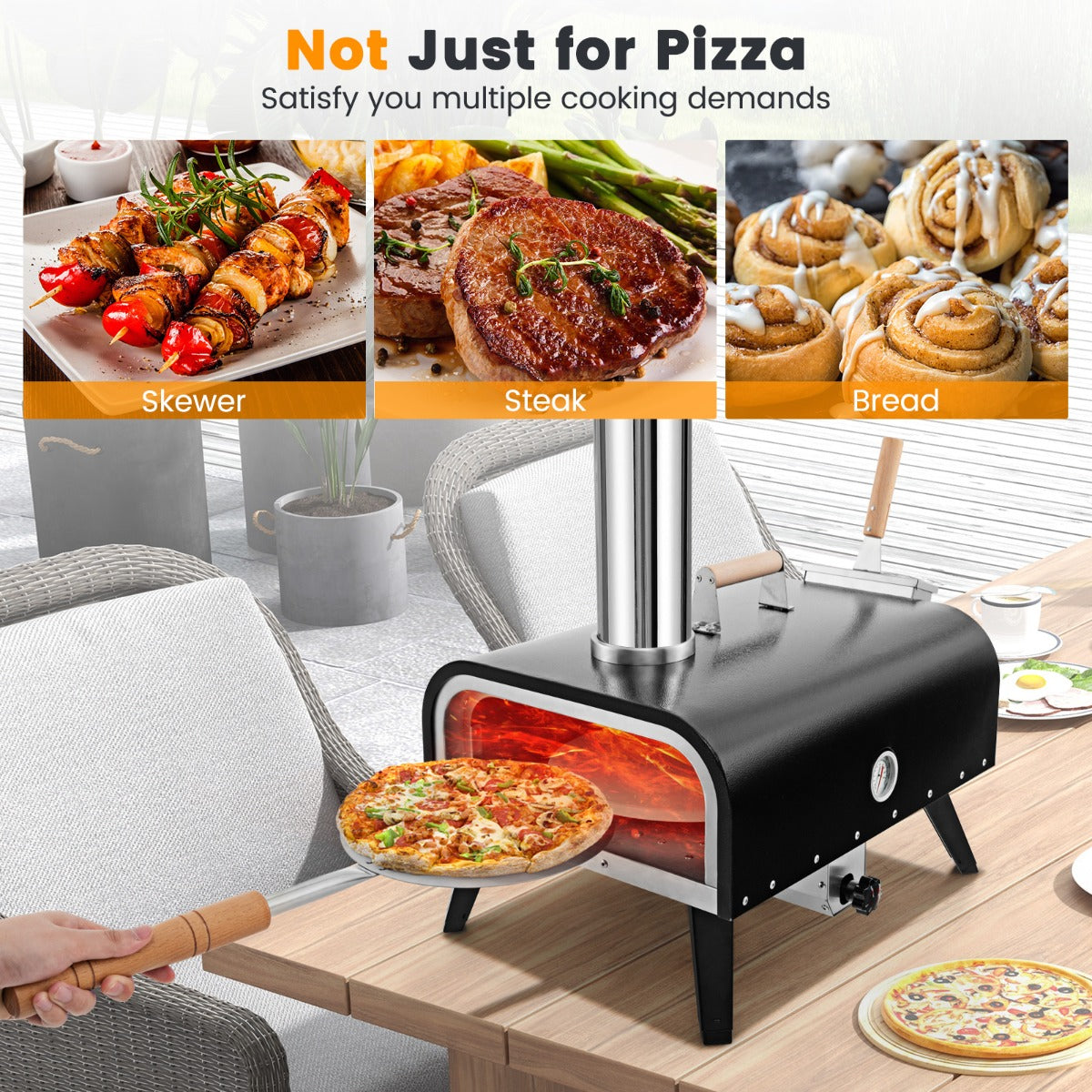 LIVSK Handmatig Draaibare Buiten Pizzaoven - 30 cm Pizzasteen - Drielaagse Constructie - Draagbaar met Beschermhoes - Zwart +