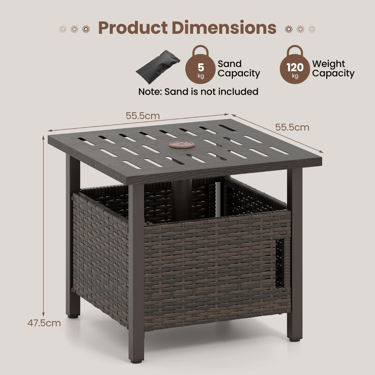 LIVSK Weerbestendige Terras Bijzettafel - Handgeweven PE Rattan - Parasolgat - 55,5 x 55,5 x 47,5 cm - Mengbruin