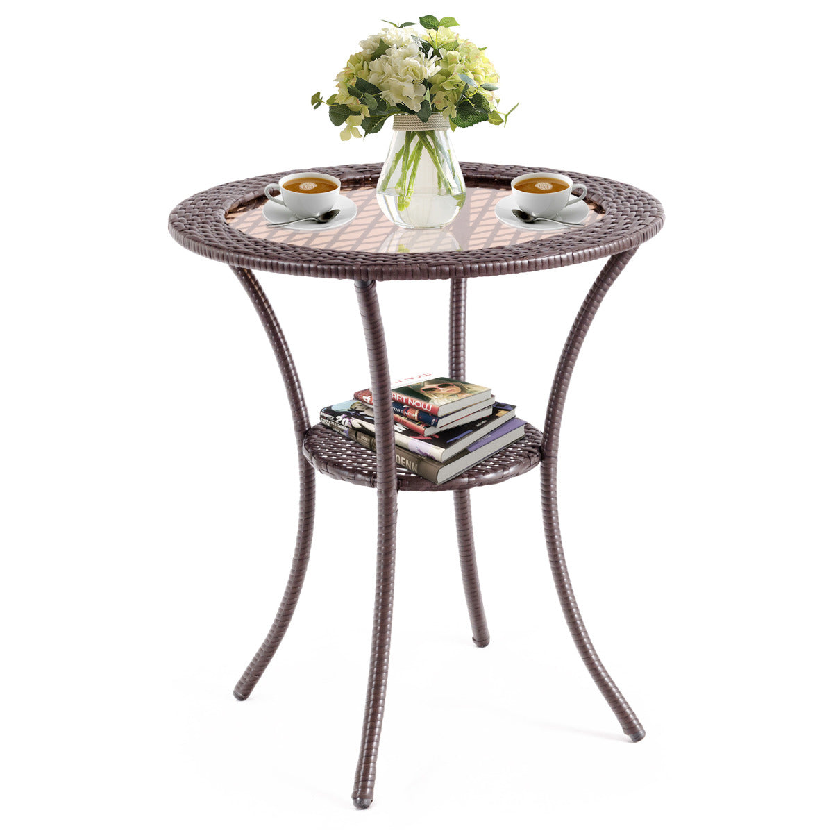 LIVSK Patio Bistrotafel - Gehard Glazen Tafelblad - Weerbestendig PE Rotan - Ruime Opbergplank - 64 x 72 cm - Bruin/Donkerbruin