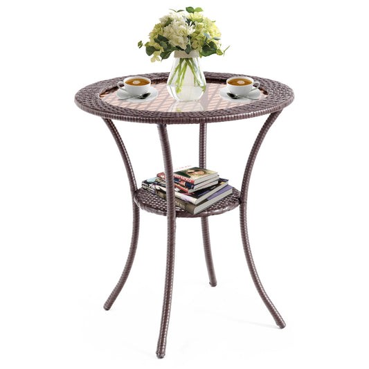 LIVSK Patio Bistrotafel - Gehard Glazen Tafelblad - Weerbestendig PE Rotan - Ruime Opbergplank - 64 x 72 cm - Bruin/Donkerbruin