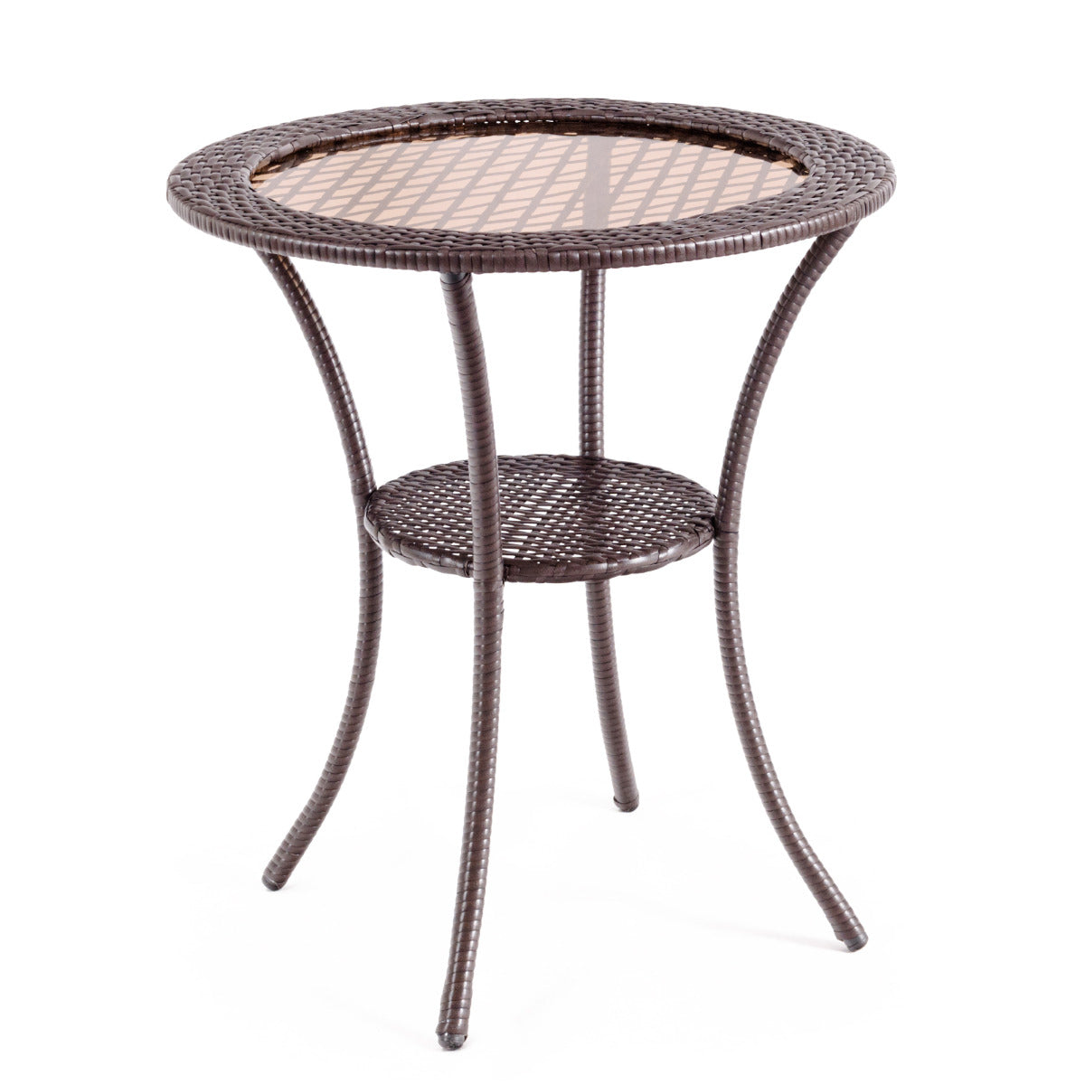 LIVSK Patio Bistrotafel - Gehard Glazen Tafelblad - Weerbestendig PE Rotan - Ruime Opbergplank - 64 x 72 cm - Bruin/Donkerbruin
