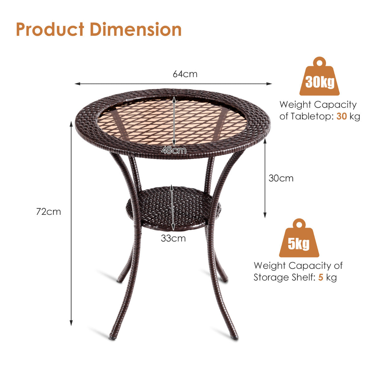 LIVSK Patio Bistrotafel - Gehard Glazen Tafelblad - Weerbestendig PE Rotan - Ruime Opbergplank - 64 x 72 cm - Bruin/Donkerbruin