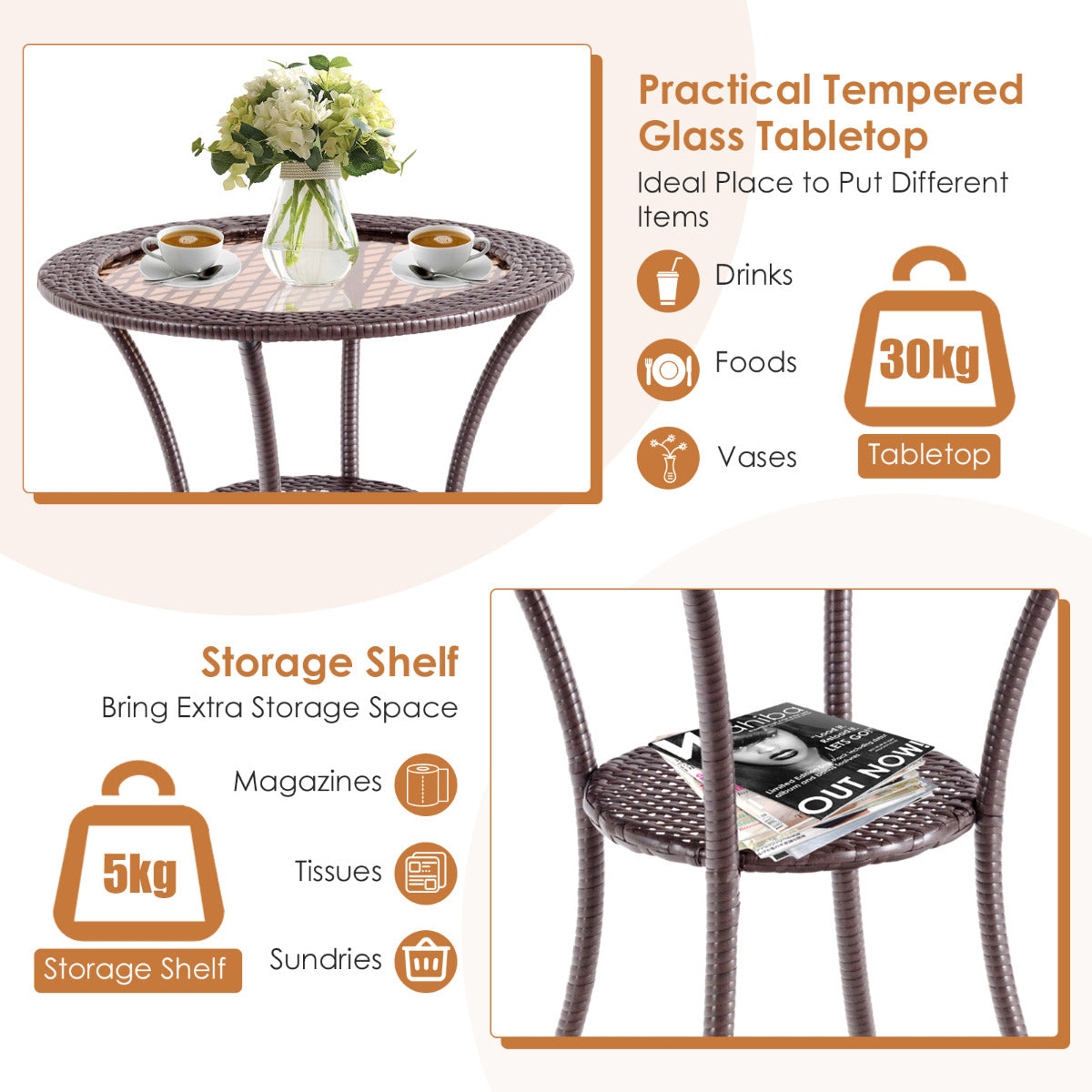 LIVSK Patio Bistrotafel - Gehard Glazen Tafelblad - Weerbestendig PE Rotan - Ruime Opbergplank - 64 x 72 cm - Bruin/Donkerbruin