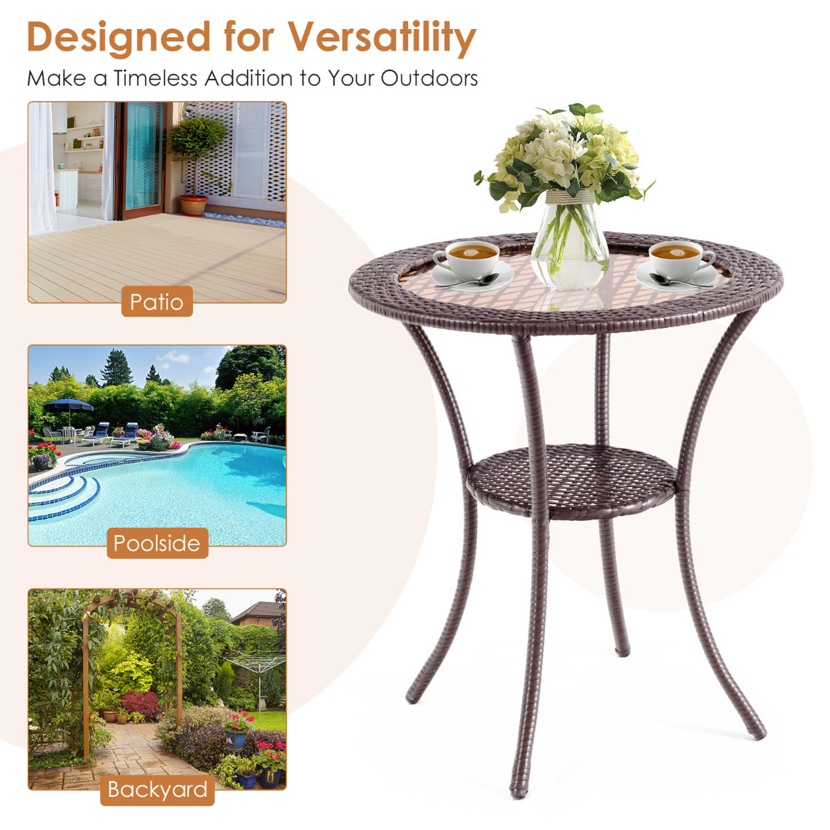 LIVSK Patio Bistrotafel - Gehard Glazen Tafelblad - Weerbestendig PE Rotan - Ruime Opbergplank - 64 x 72 cm - Bruin/Donkerbruin