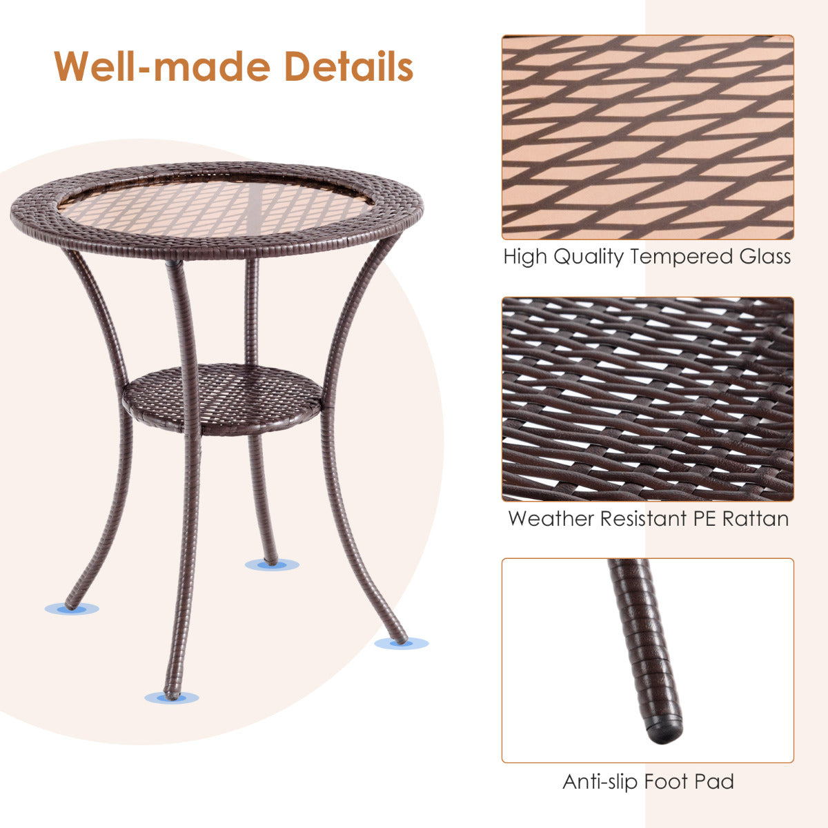 LIVSK Patio Bistrotafel - Gehard Glazen Tafelblad - Weerbestendig PE Rotan - Ruime Opbergplank - 64 x 72 cm - Bruin/Donkerbruin