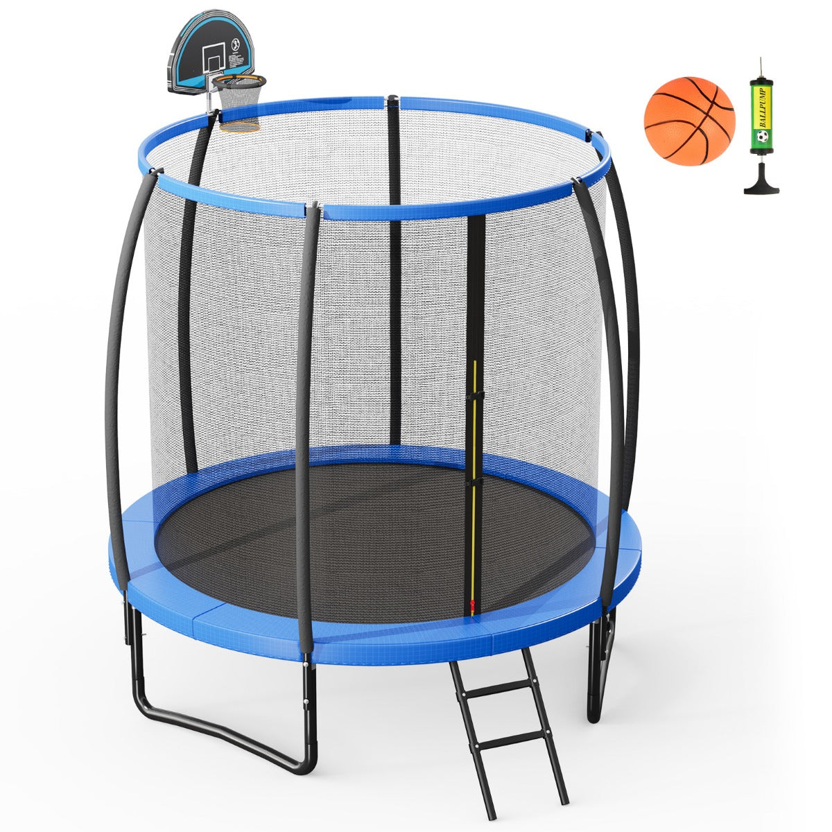 LIVSK Trampoline voor Volwassenen - Veilige Gebogen Palen - Basketbalring Inclusief - Duurzaam Stalen Frame - Tot 100 kg - Blauw
