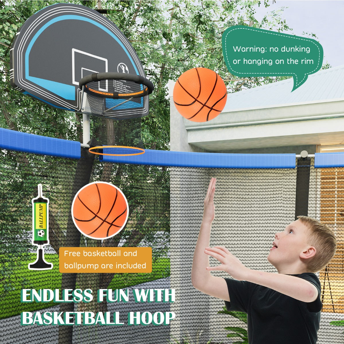LIVSK Trampoline voor Volwassenen - Veilige Gebogen Palen - Basketbalring Inclusief - Duurzaam Stalen Frame - Tot 100 kg - Blauw