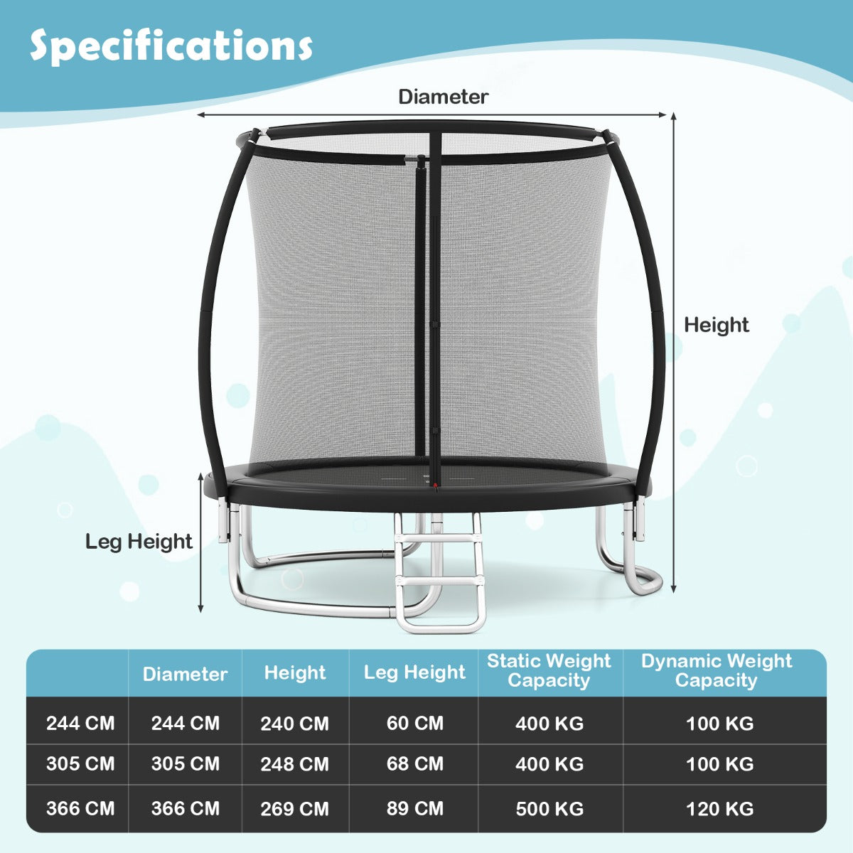 LIVSK Tuintrampoline met Veiligheidsnet - Gebogen Stangen - Inclusief Ladder - Ø305 cm - Duurzaam en Veilig - Zwart