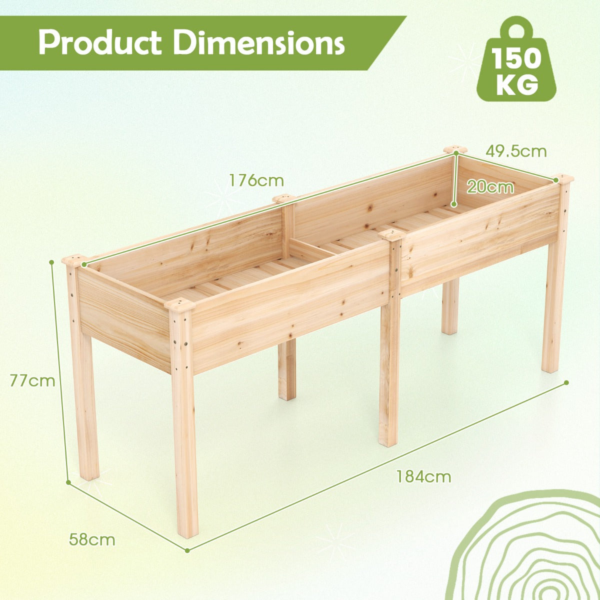 LIVSK Verhoogd Plantenbed met Scheidingswand - Duurzaam Vurenhout - Ergonomische Hoogte - Draagkracht 150 kg - 185 x 58 x 77 cm -