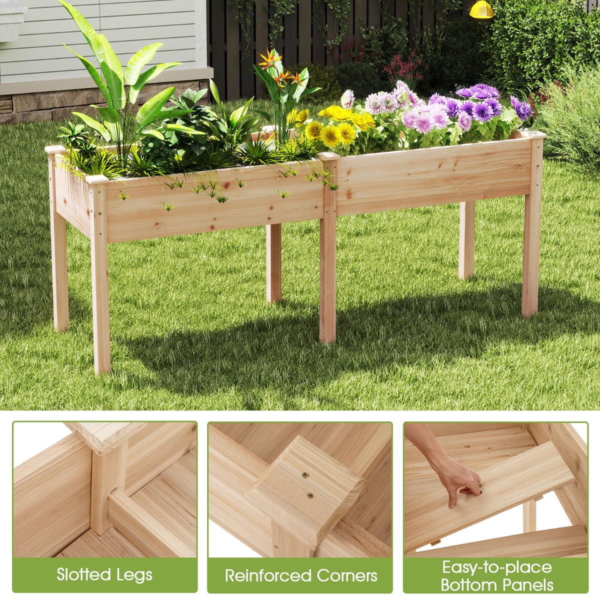 LIVSK Verhoogd Plantenbed met Scheidingswand - Duurzaam Vurenhout - Ergonomische Hoogte - Draagkracht 150 kg - 185 x 58 x 77 cm -