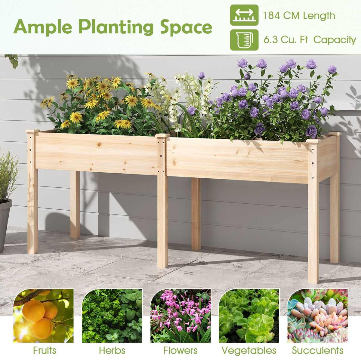 LIVSK Verhoogd Plantenbed met Scheidingswand - Duurzaam Vurenhout - Ergonomische Hoogte - Draagkracht 150 kg - 185 x 58 x 77 cm -