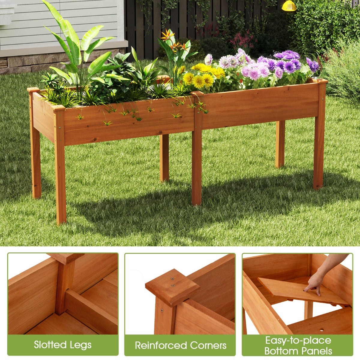 LIVSK Verhoogde Plantenbak - Houten Tuinbed met Scheidingswand - Ergonomische Hoogte - 185 x 58 x 77 cm - Geel