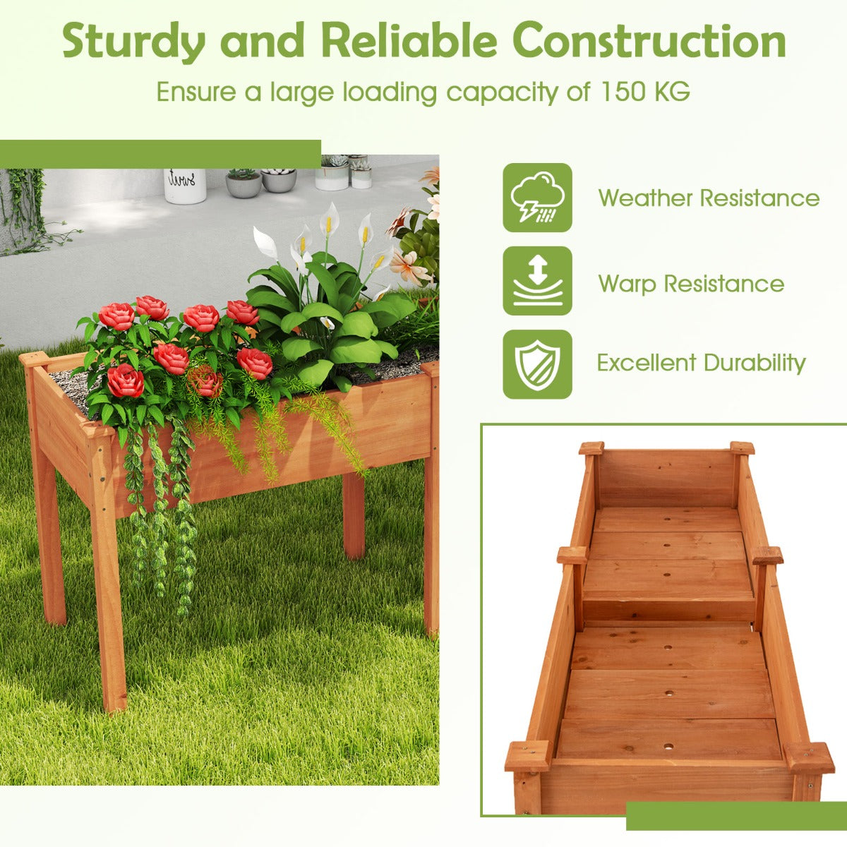 LIVSK Verhoogde Plantenbak - Houten Tuinbed met Scheidingswand - Ergonomische Hoogte - 185 x 58 x 77 cm - Geel