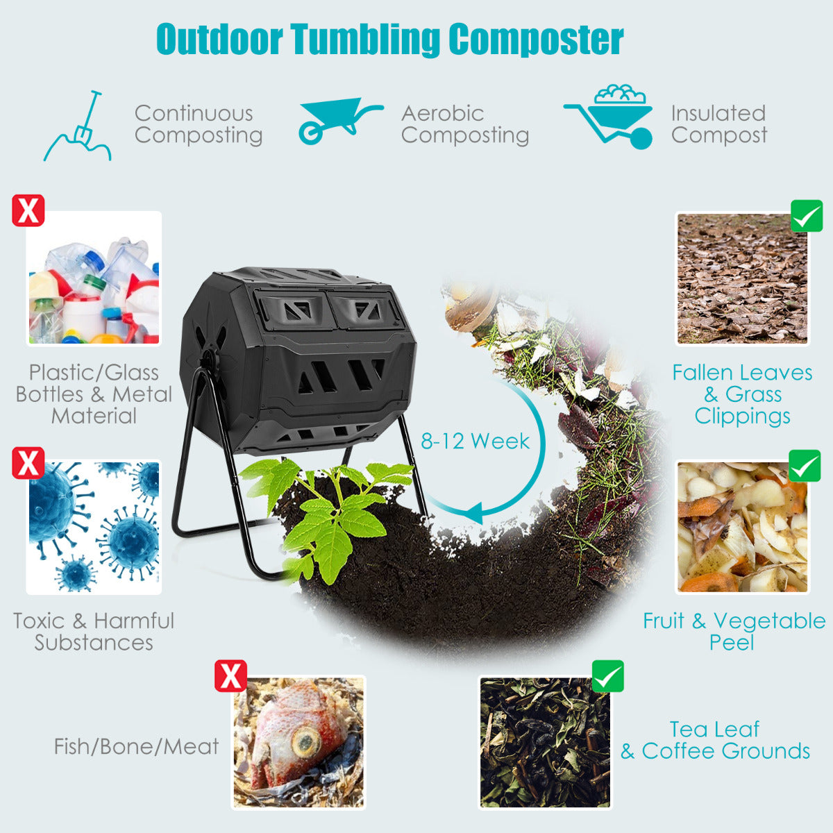 Livsk costway buiten zwenkbare compostbak 40 gallon tuin roterende composteren apparaat draagbare compostbak voor tuinen en binnenplaatsen