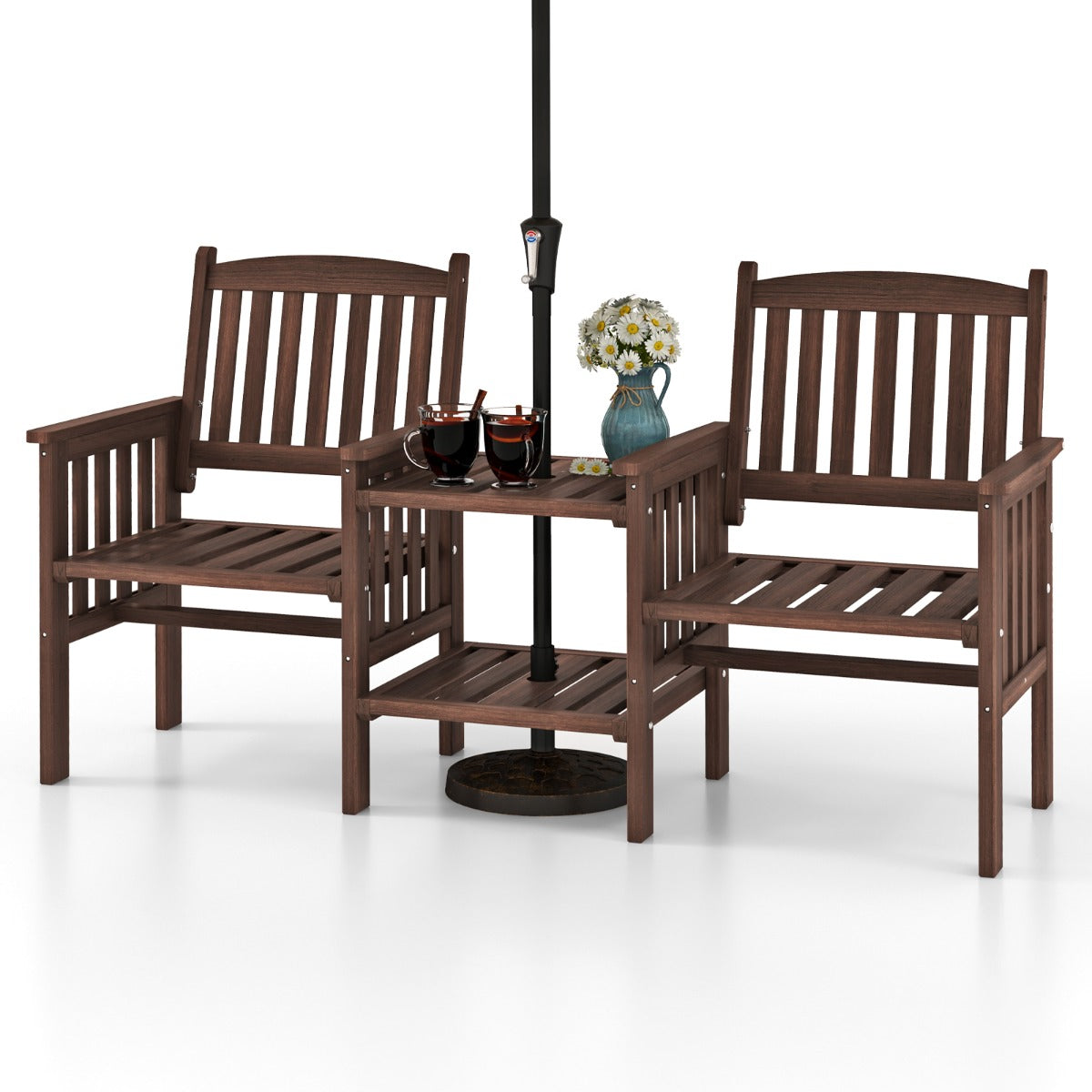 LIVSK Terraszitgroep van Dennenhout - 2 Stoelen met Armleuningen - 2-laags Bijzettafel - Parasolgat 5 cm - Compact - Bruin