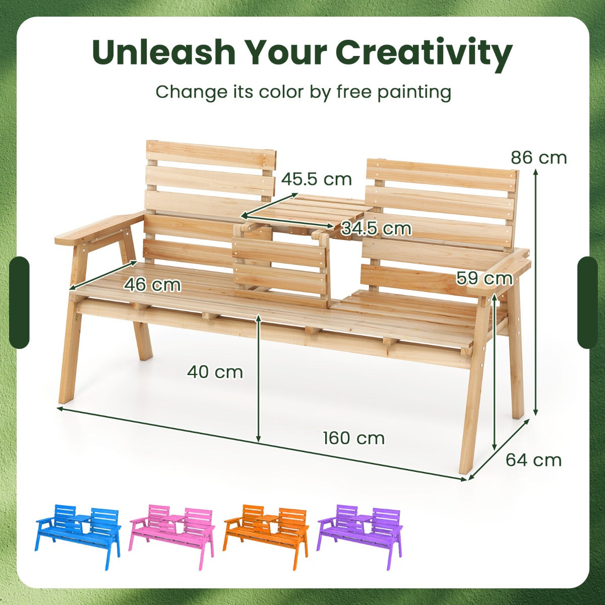 LIVSK Houten Tuinbank met Opklapbare Tafel - Voor 2-3 Personen - Draagvermogen 320 kg - Comfortabele Armleuningen - Natuurlijk