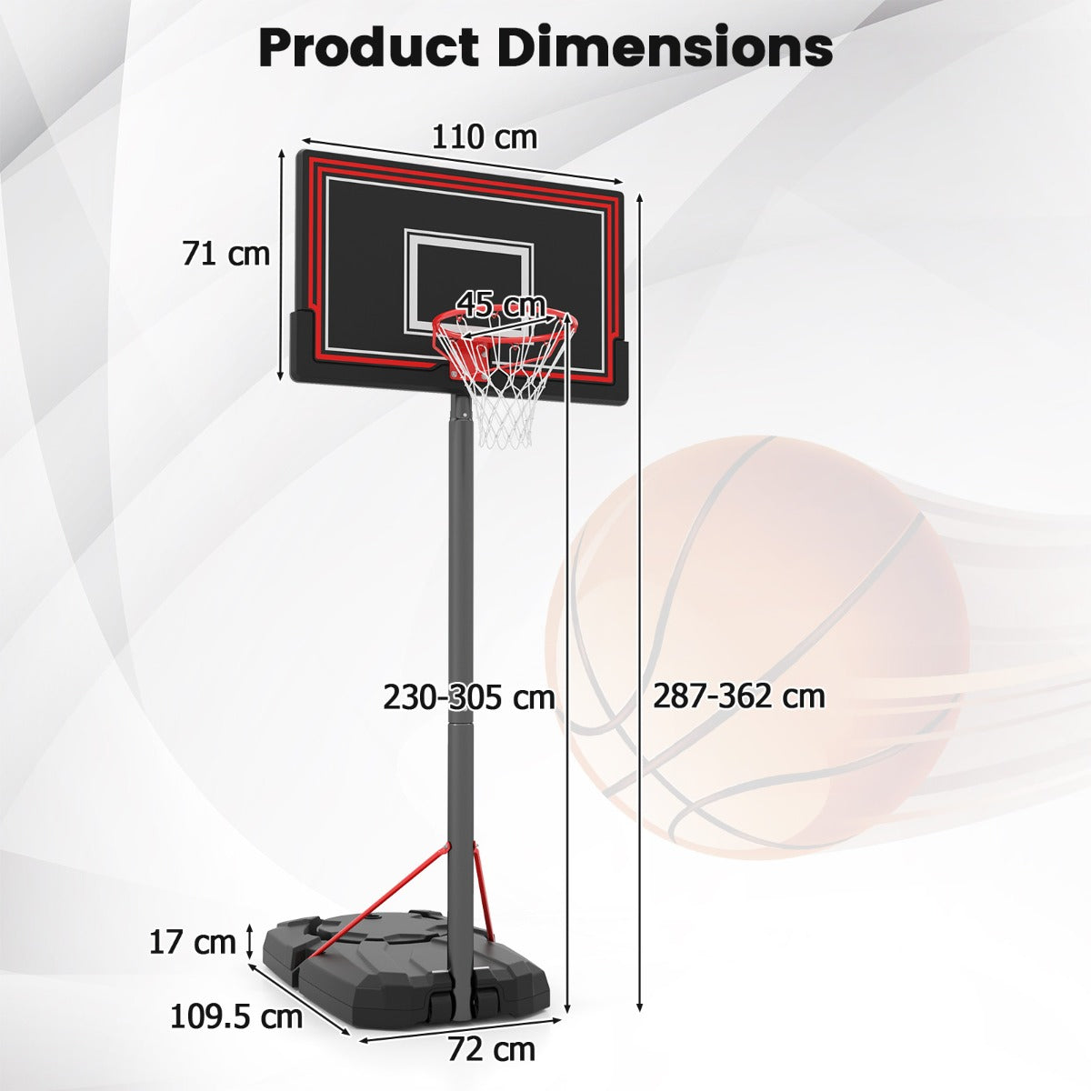 LIVSK Draagbare Basketbalring - Verstelbare Hoogte 230-305 cm - Robuust Bord - Eenvoudig te Verplaatsen - Zwart