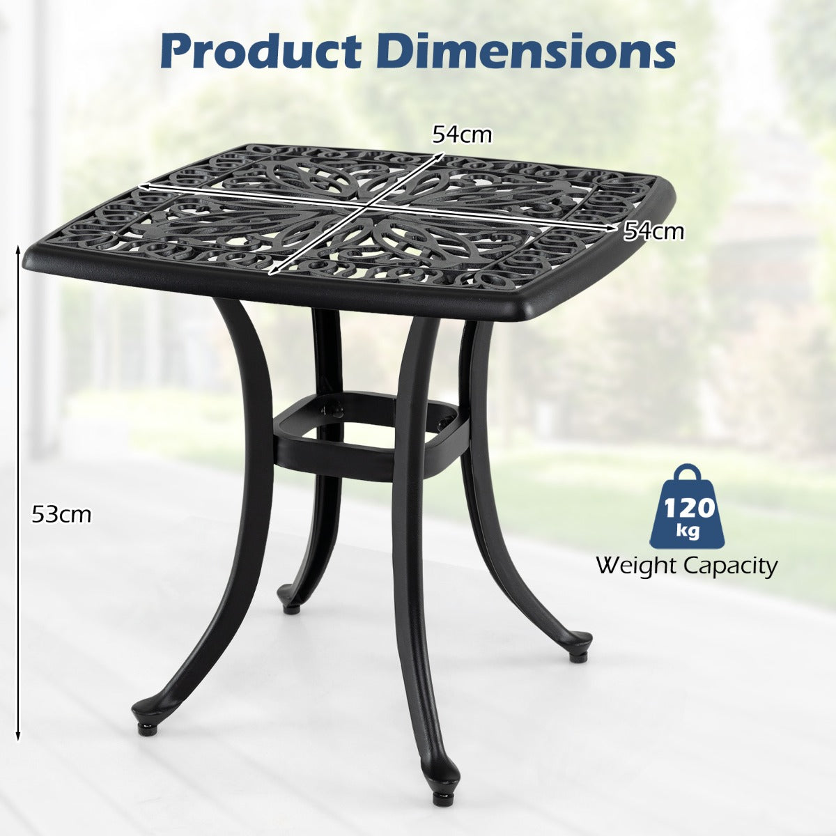 Livsk costway buitenbijzettafel van gegoten aluminium vierkante roestvrije tuintafel met geintegreerd gat voor parasol 1