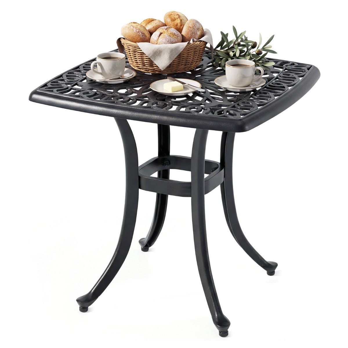 Livsk costway buitenbijzettafel van gegoten aluminium vierkante roestvrije tuintafel met geintegreerd gat voor parasol