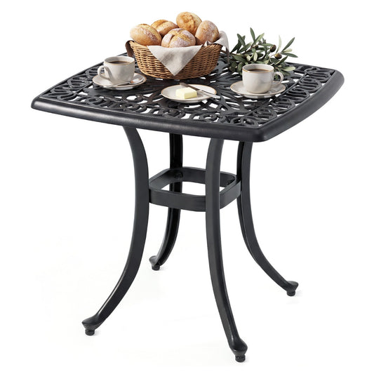 Livsk costway buitenbijzettafel van gegoten aluminium vierkante roestvrije tuintafel met geintegreerd gat voor parasol