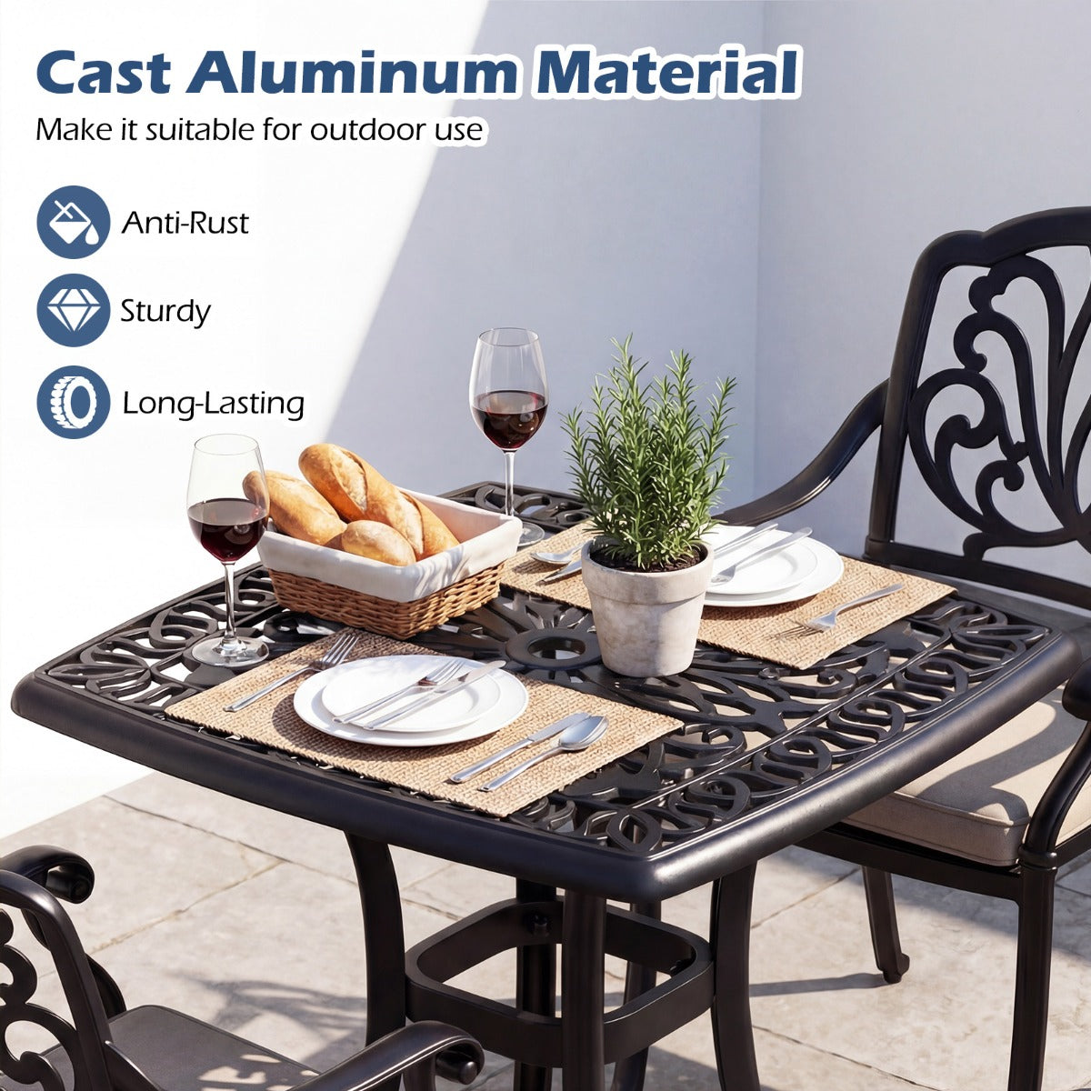 Livsk costway buitenbijzettafel van gegoten aluminium vierkante roestvrije tuintafel met geintegreerd gat voor parasol