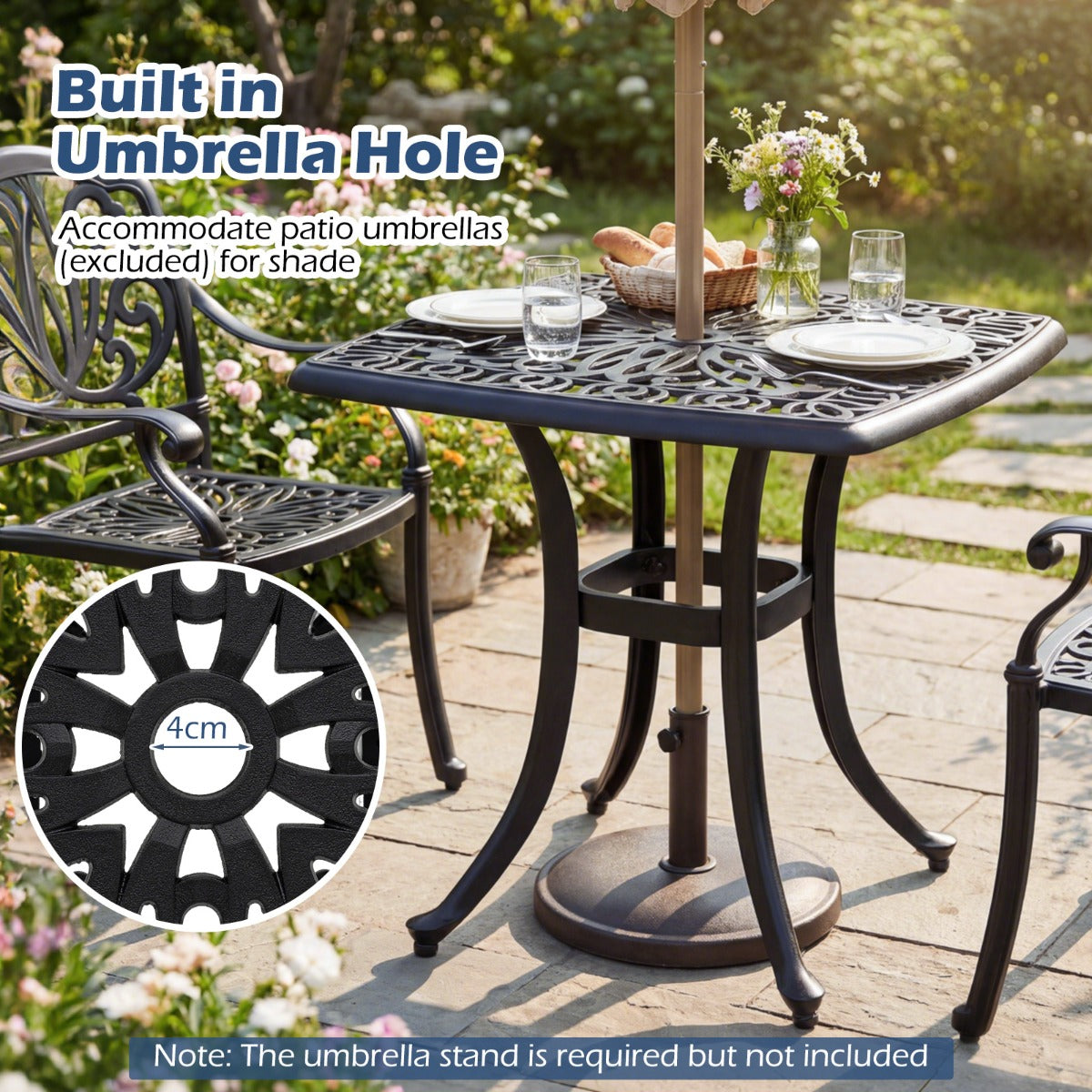 Livsk costway buitenbijzettafel van gegoten aluminium vierkante roestvrije tuintafel met geintegreerd gat voor parasol