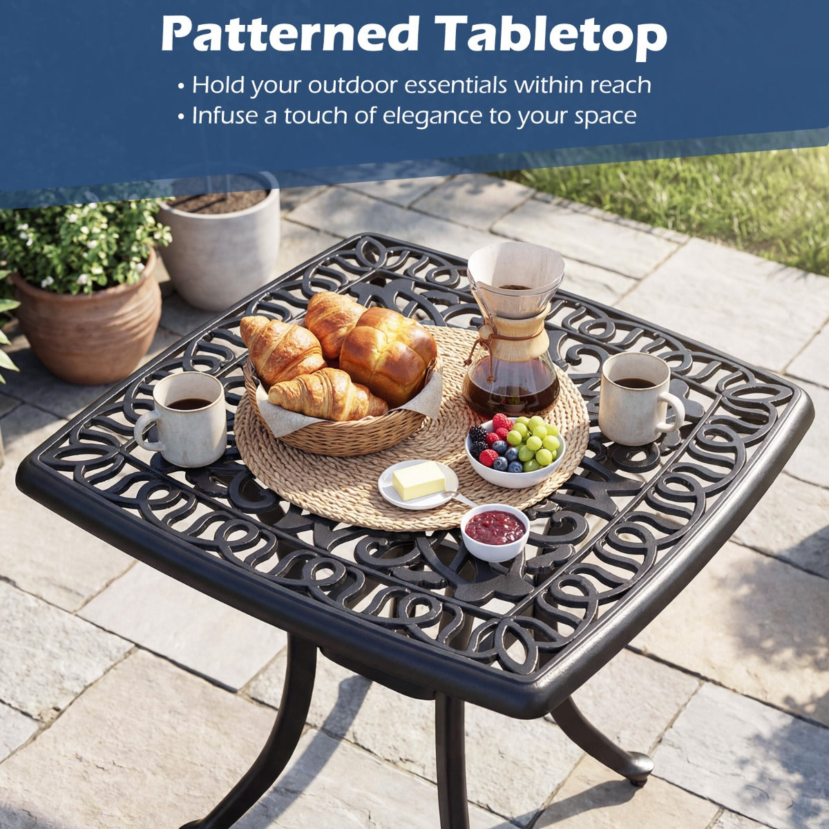 Livsk costway buitenbijzettafel van gegoten aluminium vierkante roestvrije tuintafel met geintegreerd gat voor parasol