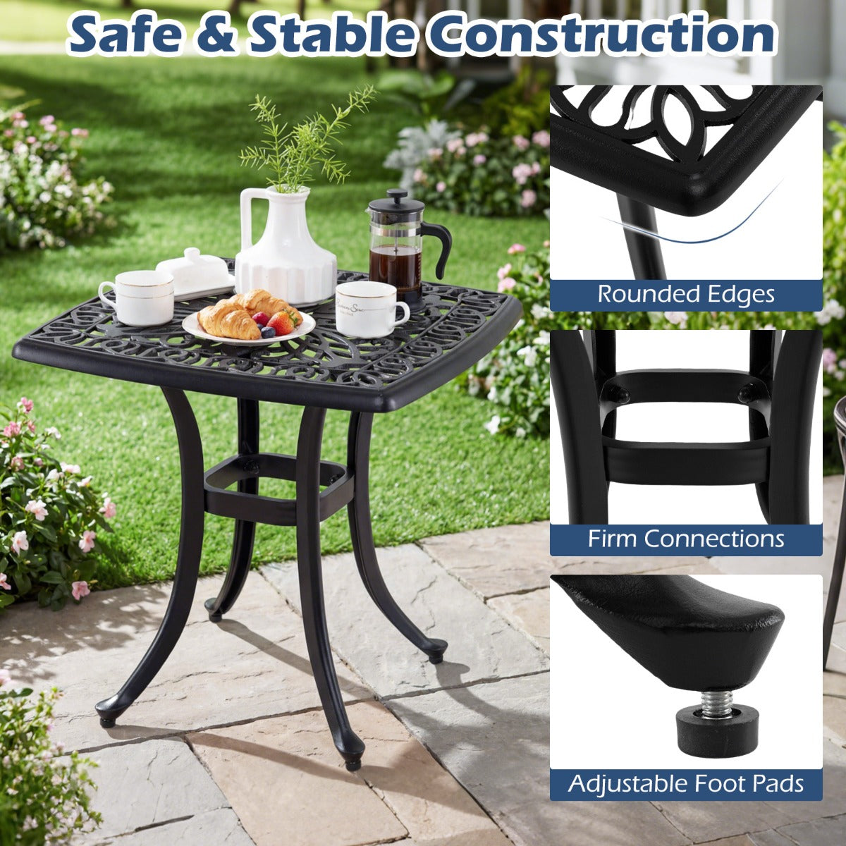 Livsk costway buitenbijzettafel van gegoten aluminium vierkante roestvrije tuintafel met geintegreerd gat voor parasol
