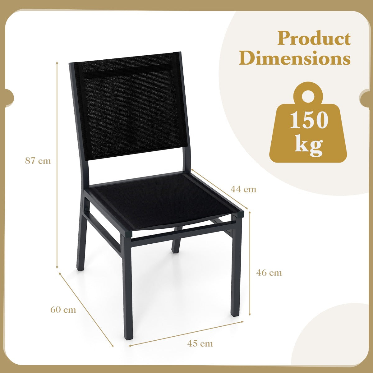 LIVSK Terrasstoelen - Lichtgewicht Aluminium - Ademend en Scheurbestendig - Ergonomische Rugleuning - Tot 150 kg - Zwart