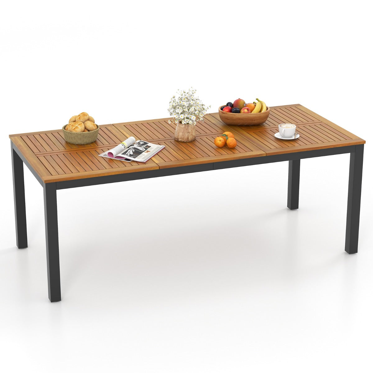 LIVSK Acaciahouten Eettafel voor 8 Personen - Verstelbare Voetkussens - Parasolgat - Duurzaam en Ondersteunend - 200 x 90 x 75 cm