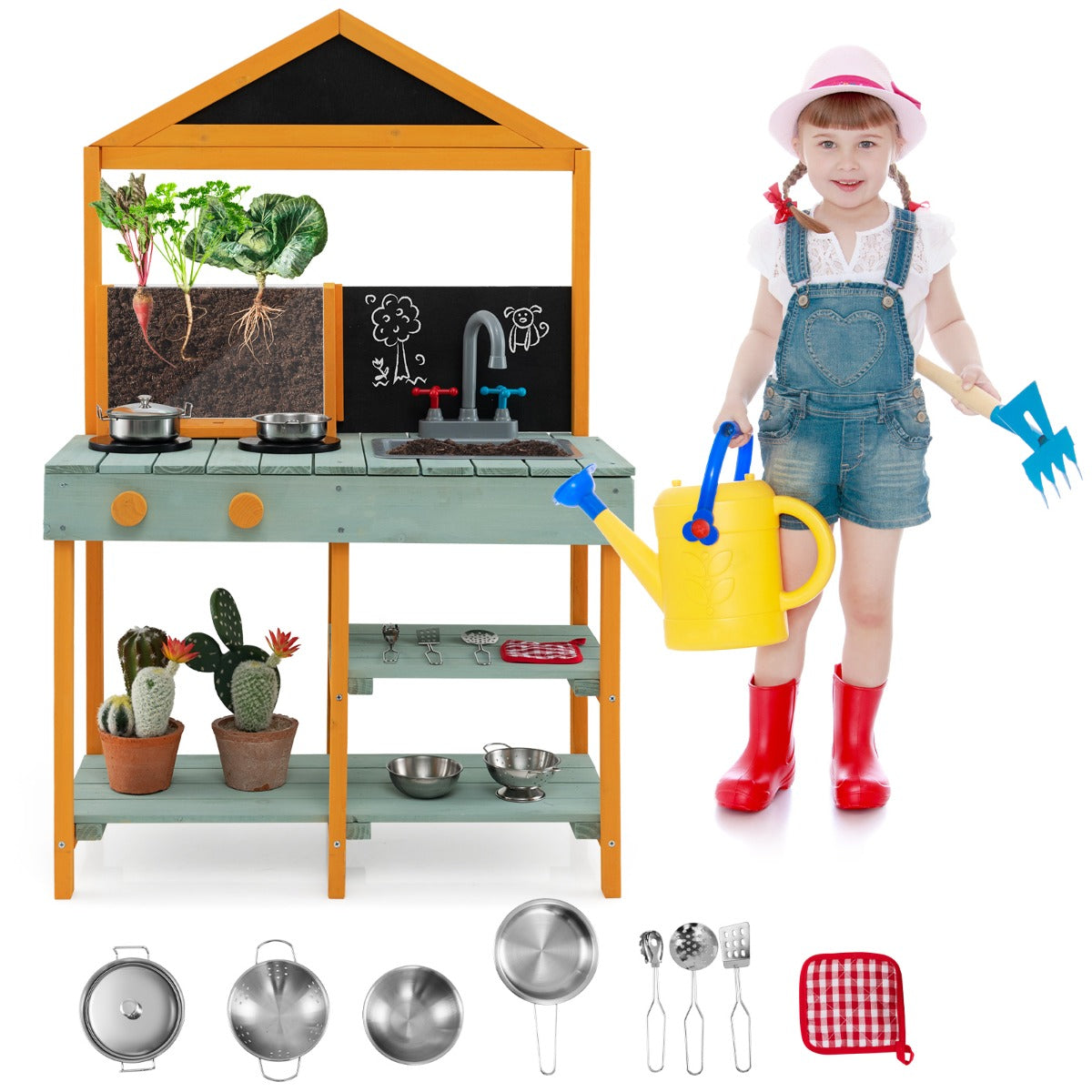 LIVSK Kindermodderkeuken - 2 Fornuizen met Draaiknoppen - Afneembare Wastafel - Krijtborden - Plantenbak - 69 x 36 x 110 cm -