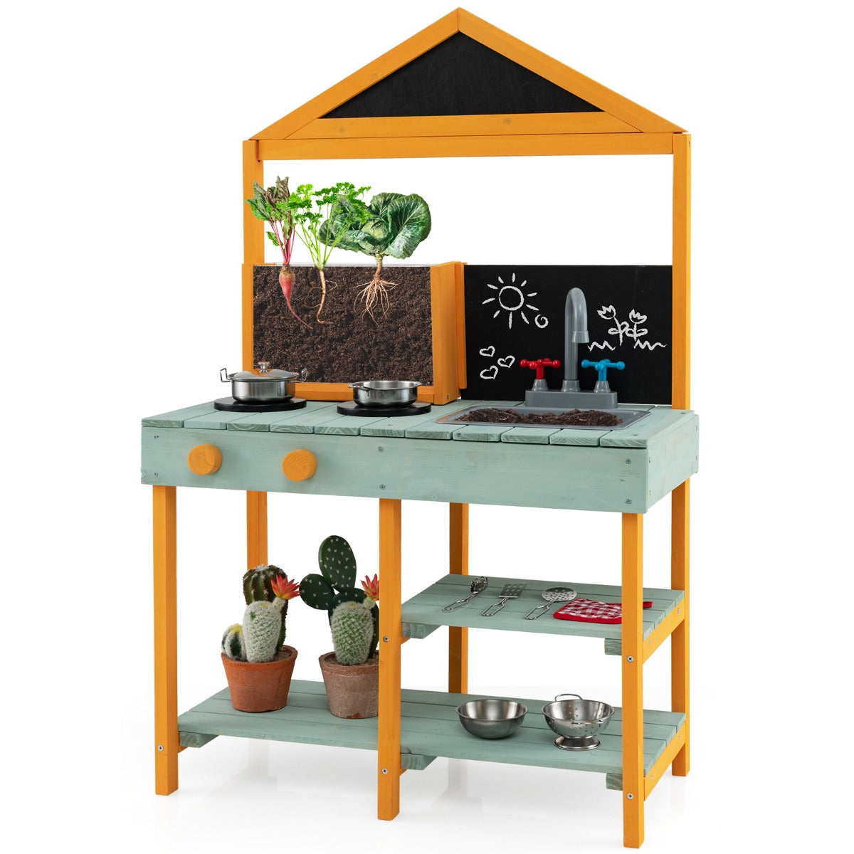LIVSK Kindermodderkeuken - 2 Fornuizen met Draaiknoppen - Afneembare Wastafel - Krijtborden - Plantenbak - 69 x 36 x 110 cm -