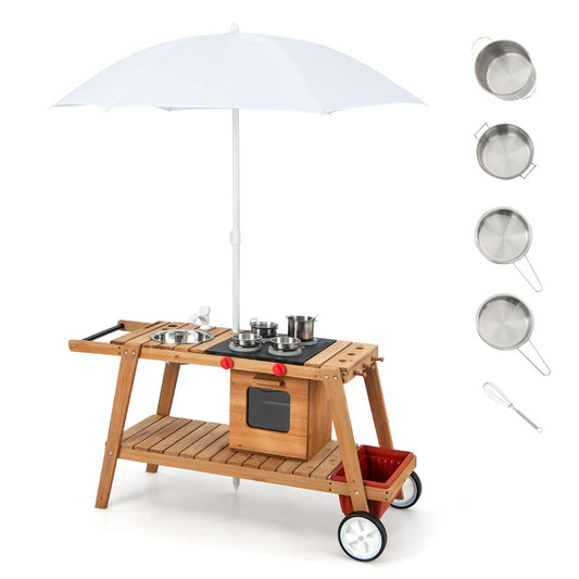 LIVSK Houten Kar met Parasol - Interactieve Speelwagen met Draaiknoppen en Kookaccessoires - Duurzaam Dennenhout - Natuurlijk +