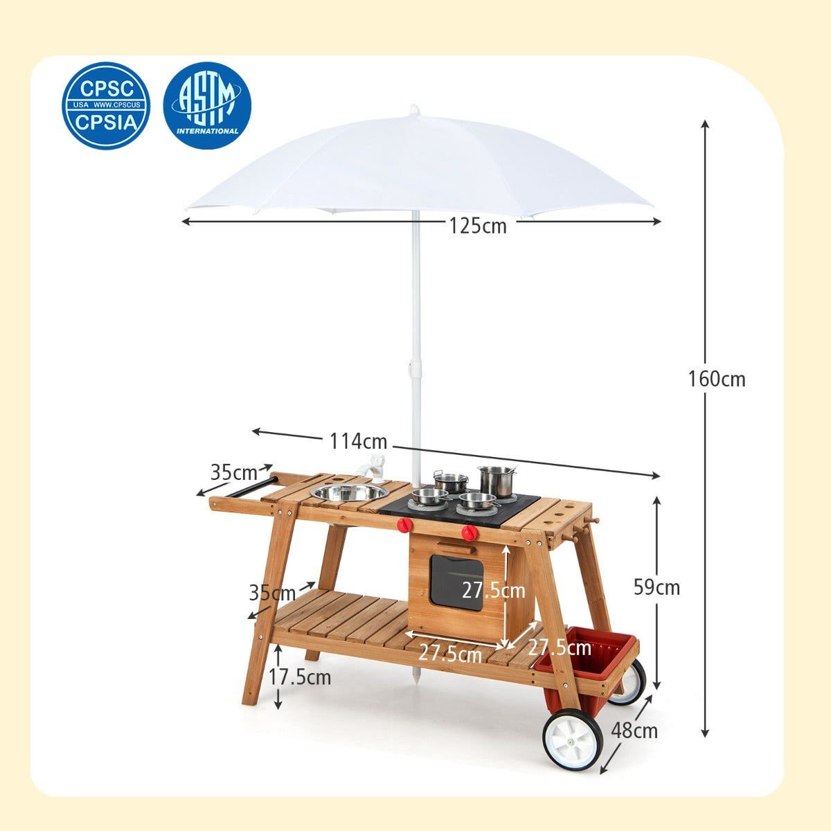 LIVSK Houten Kar met Parasol - Interactieve Speelwagen met Draaiknoppen en Kookaccessoires - Duurzaam Dennenhout - Natuurlijk +