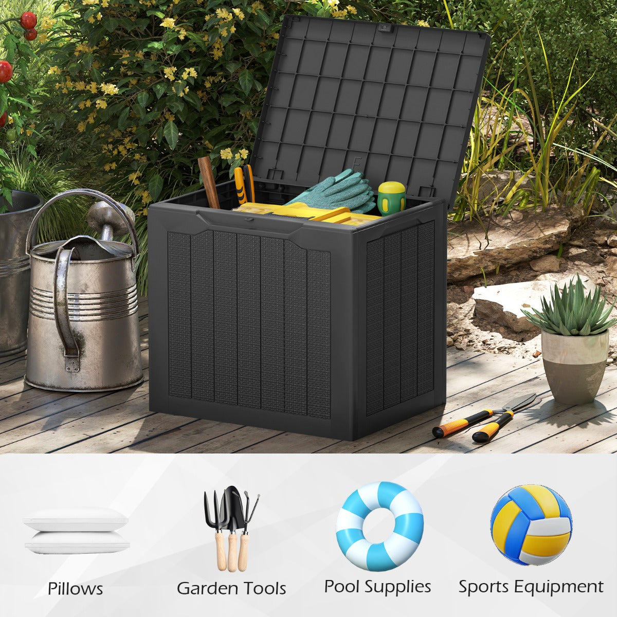 LIVSK Outdoor-opbergbox met Afsluitbaar Deksel - 96 L Capaciteit - Weerbestendig PP - Lichtgewicht en Elegant - Zwart