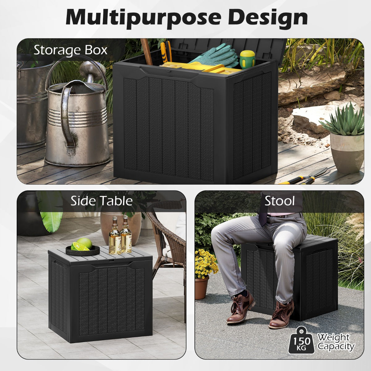LIVSK Outdoor-opbergbox met Afsluitbaar Deksel - 96 L Capaciteit - Weerbestendig PP - Lichtgewicht en Elegant - Zwart