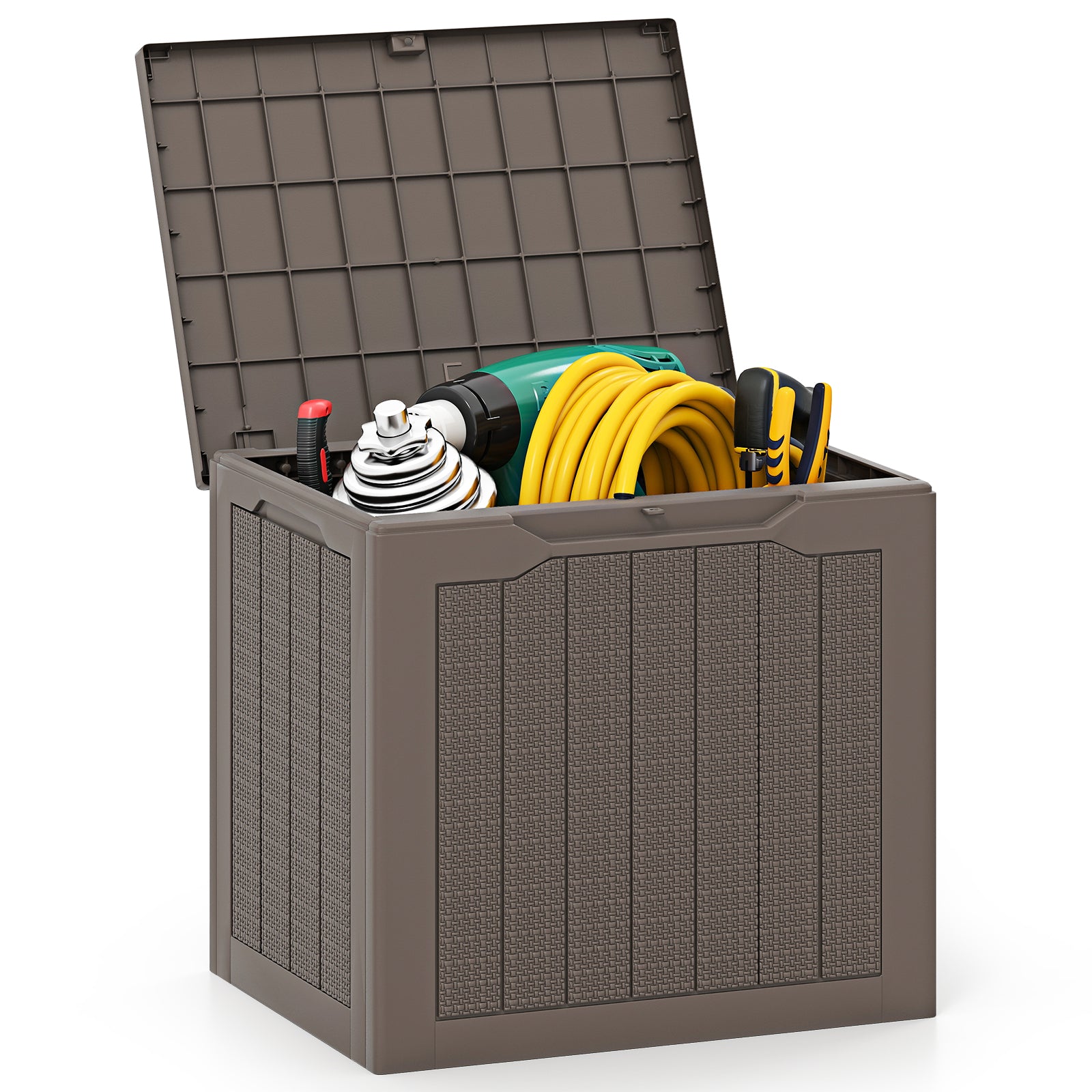 LIVSK Outdoor-opbergdoos - Afsluitbaar Deksel - 96 L Capaciteit - Weerbestendig PP - Elegant Rattanlook - Bruin