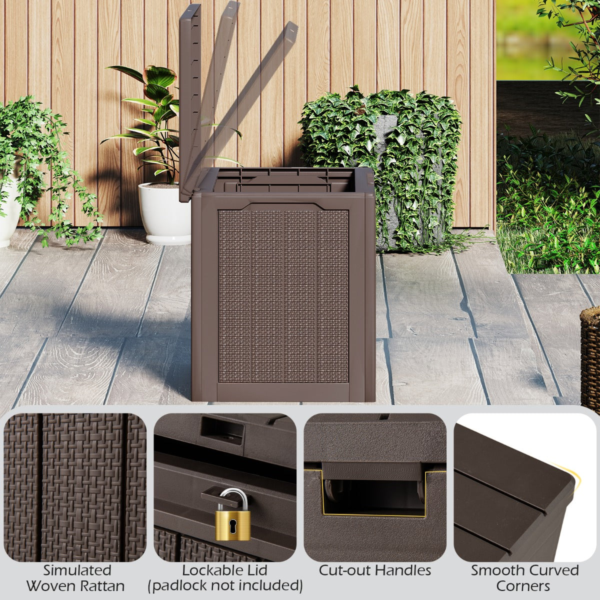 LIVSK Outdoor-opbergdoos - Afsluitbaar Deksel - 96 L Capaciteit - Weerbestendig PP - Elegant Rattanlook - Bruin