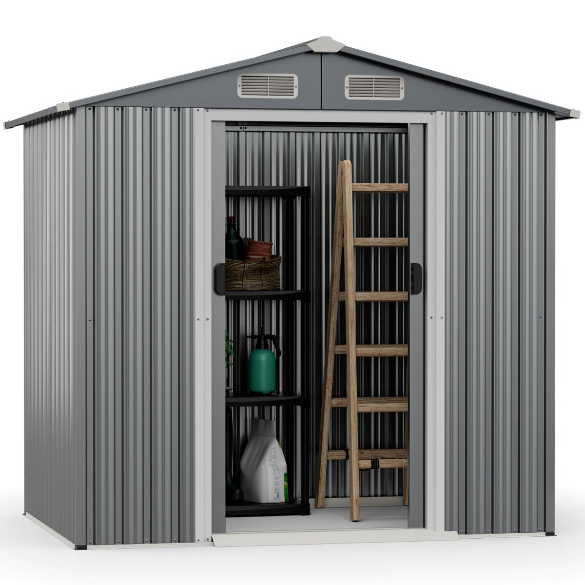 LIVSK Tuinschuur - Gegalvaniseerd Metalen Frame - 3,68 m³ Opslagcapaciteit - Afsluitbare Deuren - Ventilatiesleuven - Grijs