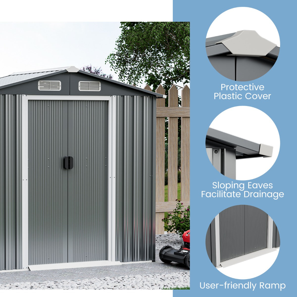 LIVSK Tuinschuur - Gegalvaniseerd Metalen Frame - 3,68 m³ Opslagcapaciteit - Afsluitbare Deuren - Ventilatiesleuven - Grijs