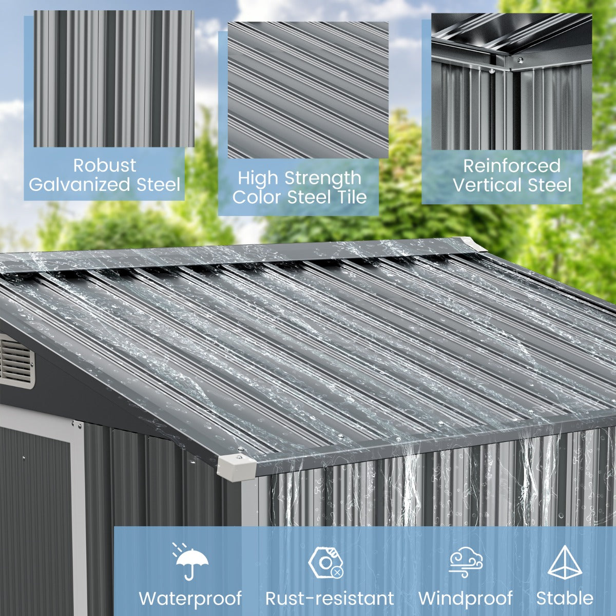 LIVSK Tuinschuur - Gegalvaniseerd Metalen Frame - 3,68 m³ Opslagcapaciteit - Afsluitbare Deuren - Ventilatiesleuven - Grijs