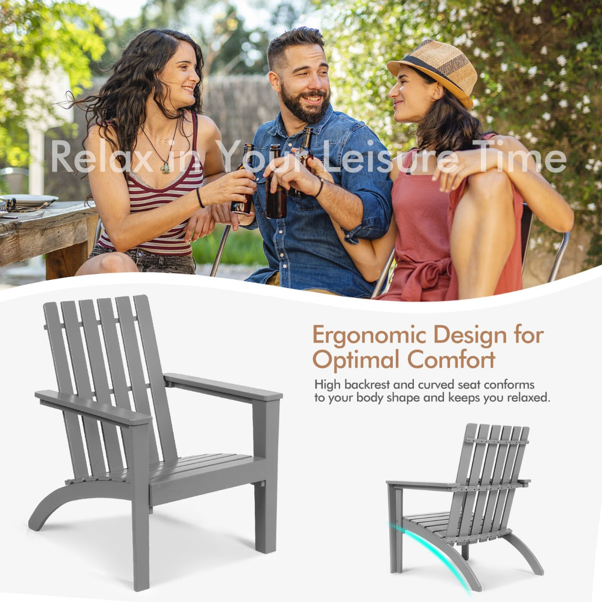 LIVSK Adirondack Stoel - Duurzaam Acaciahout - Ergonomisch Ontwerp - Draagvermogen tot 160 kg - Voor Binnen en Buiten - Grijs