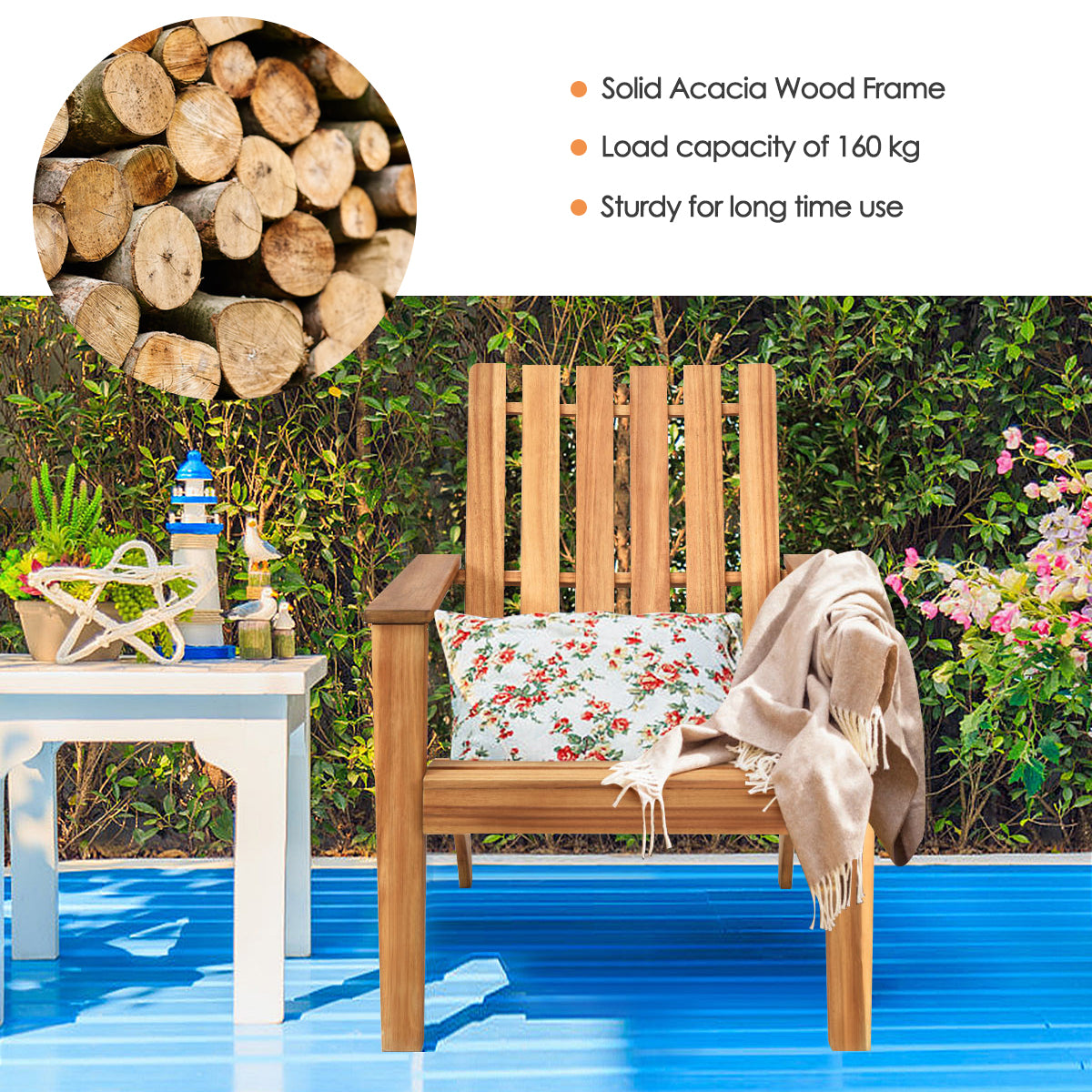 LIVSK Ergonomische Adirondack Buitenstoel - Duurzaam Acaciahout - Comfortabel Ontwerp - Rustieke Stijl - 69 x 73 x 85 cm -