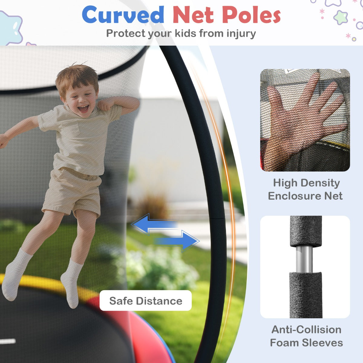 LIVSK Trampoline met Veiligheidsnet en Ladder - Gebogen Stangen met Anti-botsingschuim - Stabiliteit - Ø305 cm - Kleurrijk
