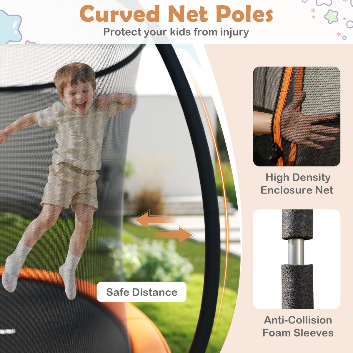 LIVSK Tuintrampoline met Veiligheidsnet - Roestbestendig Frame - Gebogen Stangen - Inclusief Ladder - Ø305 cm - Oranje