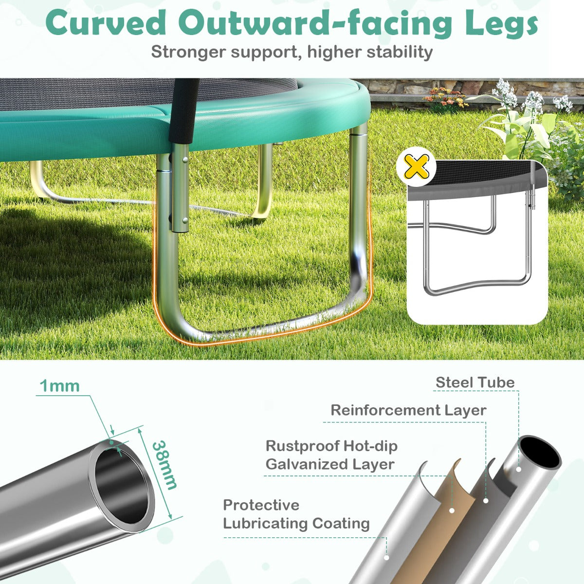 Livsk costway buitentrampoline met ladder rond tuintrampolin met veiligheidsnet randbedekking en metalen frame o366cm groen 4