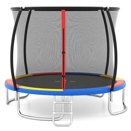 Livsk costway buitentrampoline met ladder rond tuintrampolin met veiligheidsnet randbedekking en metalen frame o366cm kleurrijk